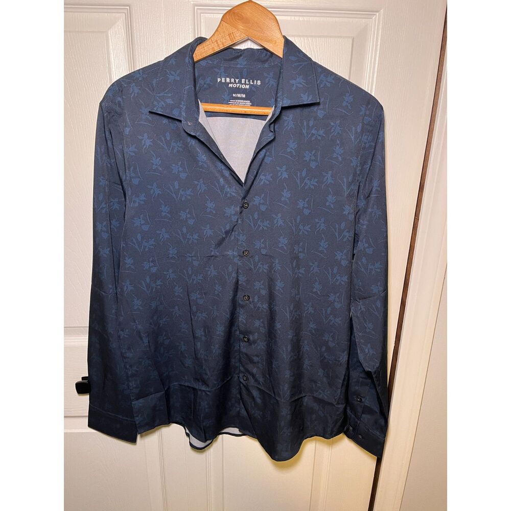 Perry Ellis Motion Mens Medium Blue Floral Button Up Dress Shirt